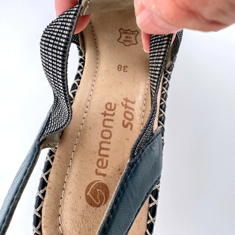 Remonte Soft Wedge Sandals Womens 38 Navy Blue Leather Laser Cut Studded Strappy